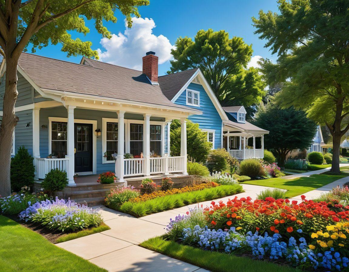 A serene summer landscape featuring a cozy, sunlit home surrounded by colorful flowers and lush greenery, with families enjoying outdoor activities like barbecuing and playing games. Include a friendly neighborhood signpost pointing to various housing assistance resources. The sky is bright blue with fluffy white clouds, creating a joyful atmosphere. super-realistic. vibrant colors. 3D.