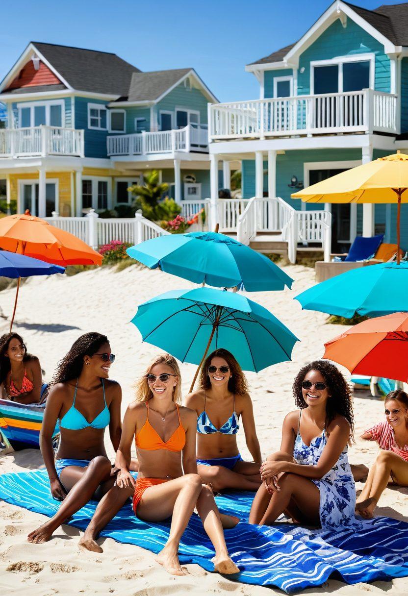 A lively beach scene showcasing a diverse group of friends enjoying summer with vibrant budget-friendly beachwear, surrounded by colorful beach umbrellas and towels. Include a cozy beach house in the background, highlighting affordable housing options, with clear blue skies and sparkling waves to enhance the festive atmosphere. super-realistic. vibrant colors. sunny beach setting.